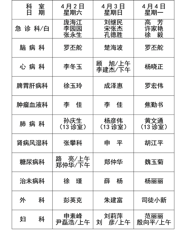 2016年清明节假期值班表