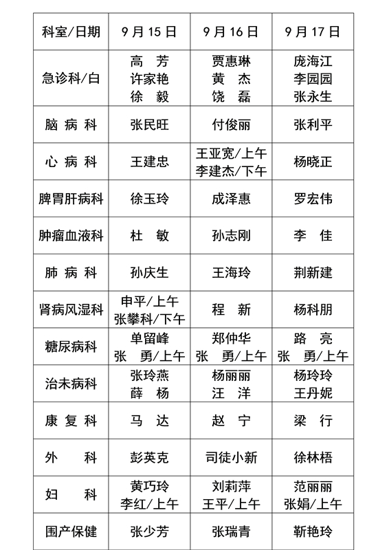 2016年中秋节假期值班表